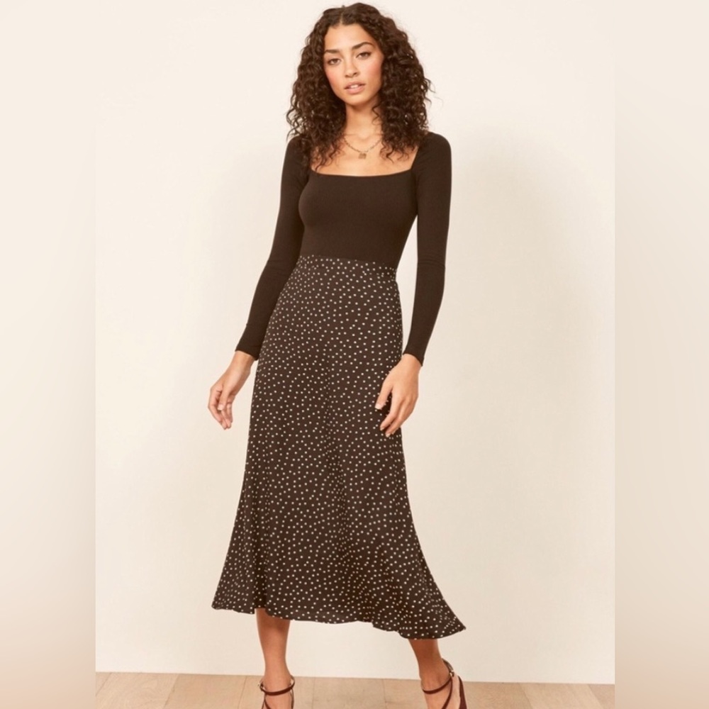 Reformation Black Polka Dot Midi Skirt